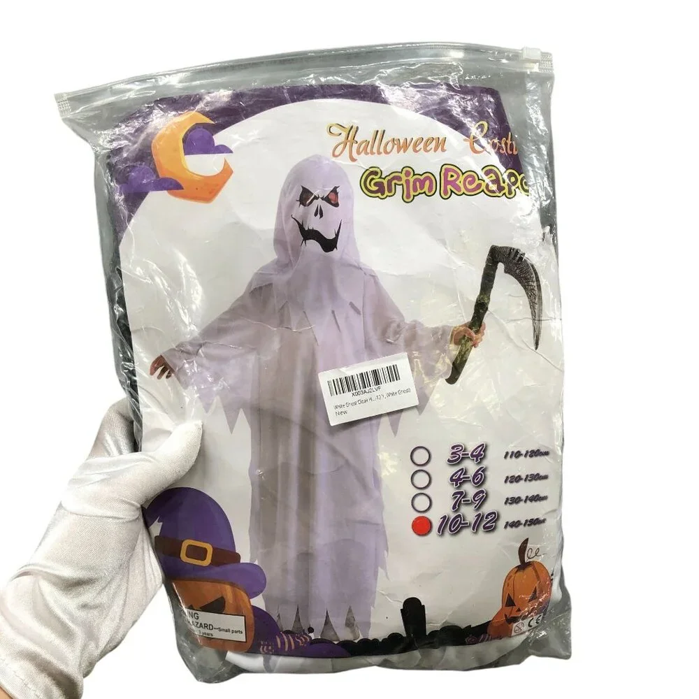 Youth 10-12 Grim Reaper Ghost Costume Halloween White With‎ Mask Boys Girls